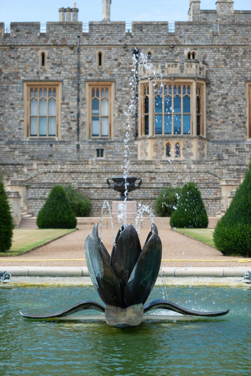 A bronze lotus fountain based on a design by His Royal Highness The Duke of Edinburgh in the centre of the East Terrace Garden at Windsor Castle